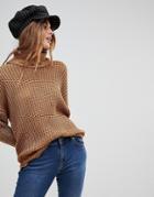 Wild Flower Roll Neck Sweater With Distressed Hem - Brown