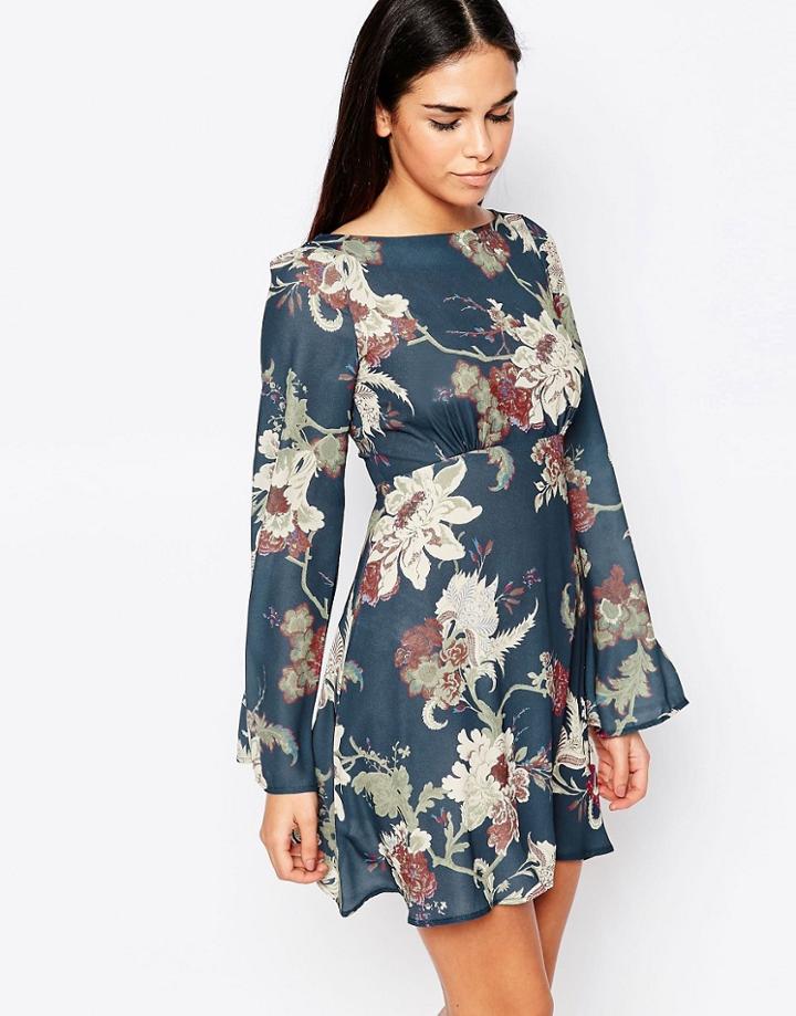 Love Round Neck Skater Dress In Floral - Navy Floral