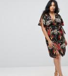 Closet London Plus Wrap Front Kimono Sleeve Shift Dress In Dark Floral Print - Multi