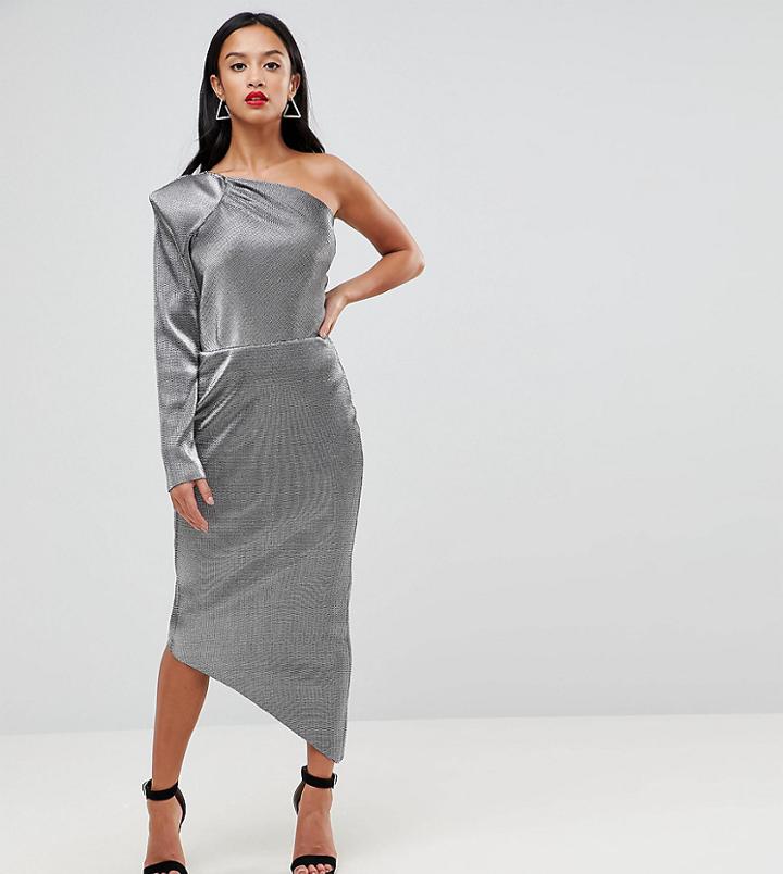 John Zack Petite One Shoulder Metallic Pencil Dress - Silver