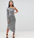 John Zack Petite One Shoulder Metallic Pencil Dress - Silver