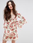 Missguided Floral Skater Dress With Flute Sleeve - Multi
