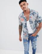 Pull & Bear Revere Collar Shirt With Floral Print In Light Blue - Blue