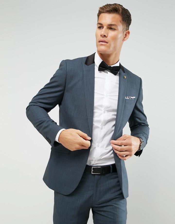 Farah Skinny Suit Jacket In Melange With Satin Collar - Green