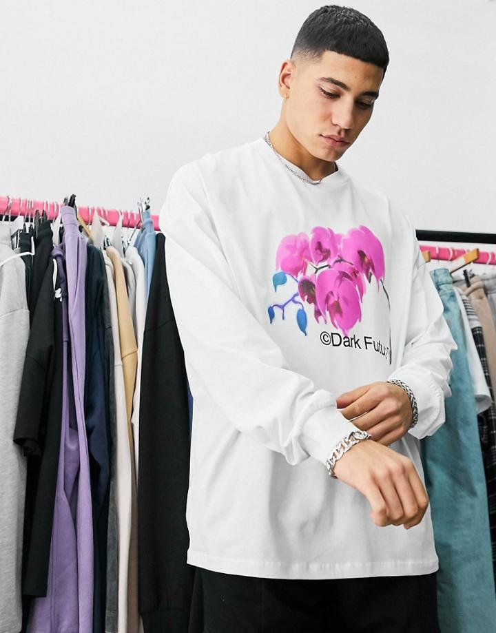 Asos Dark Future Oversized Long Sleeve T-shirt With Front Graphic Print In White