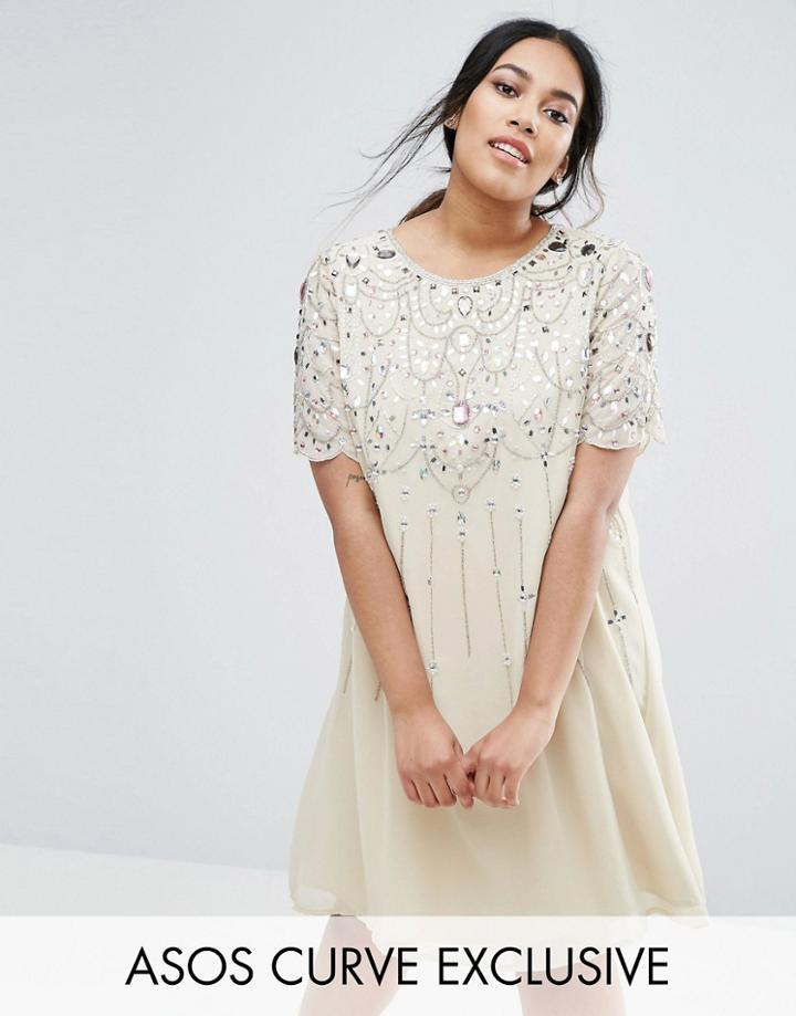 Asos Curve Stone Embellished Swing Dress - Beige