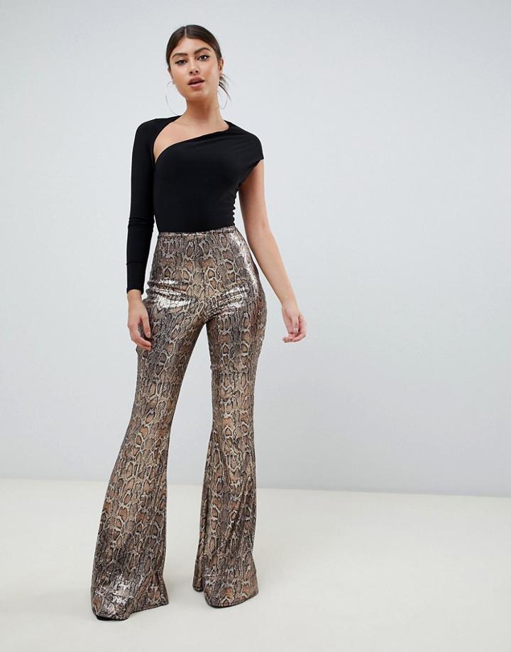 Club L Sequin Snake Print Flare Pants In Multi - Multi