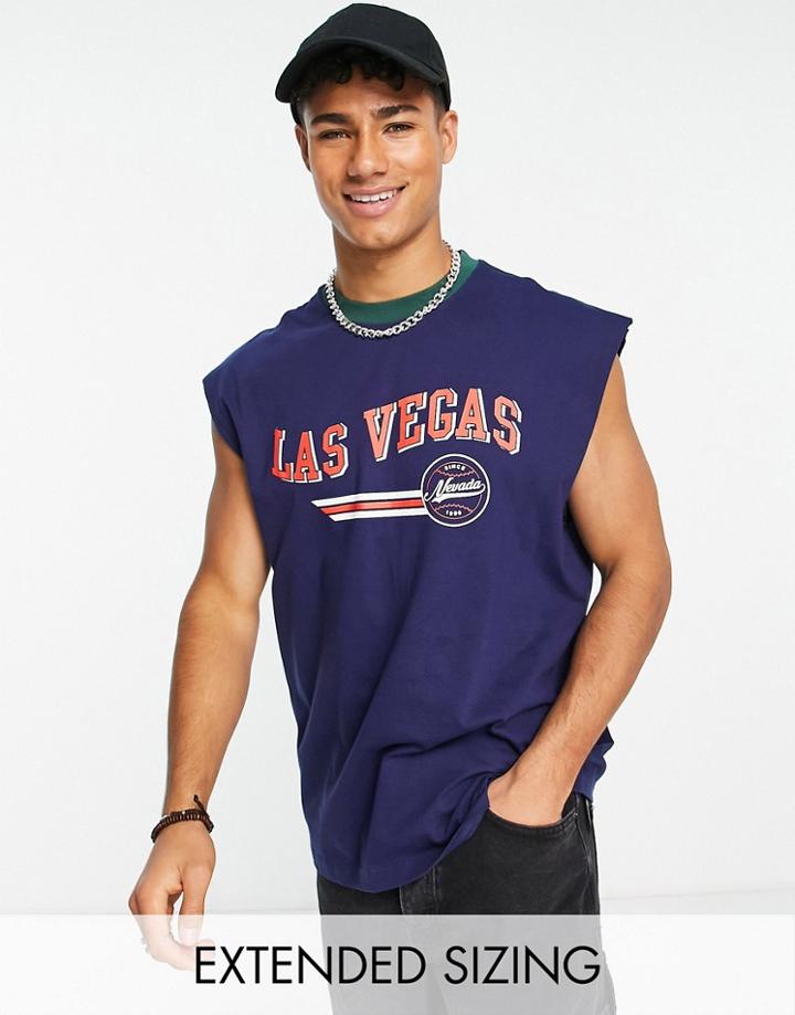 Asos Design Oversized Tank Top With Las Vegas City Print & Contrast Neck In Navy