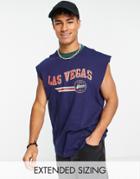 Asos Design Oversized Tank Top With Las Vegas City Print & Contrast Neck In Navy