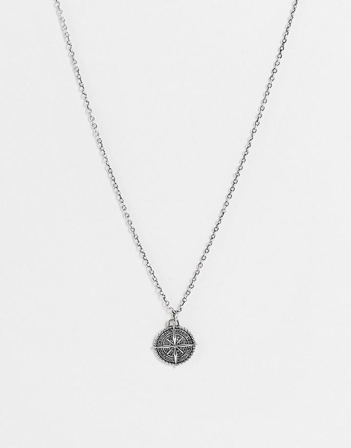 Asos Design Necklace With Compass Pendant In Silver Tone