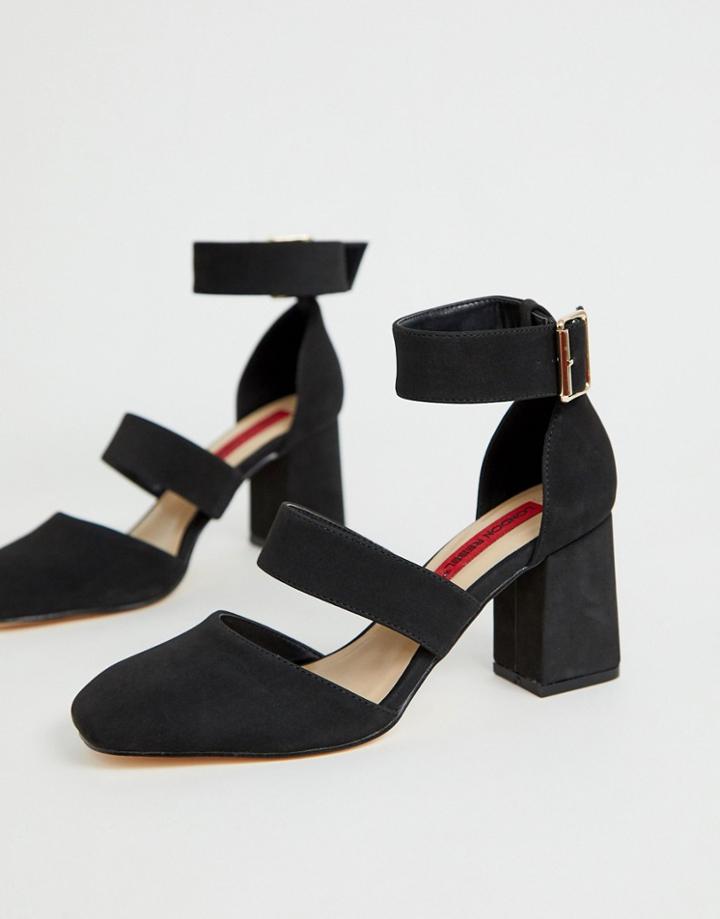 London Rebel Square Toe Block Heels - Black