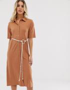 Asos Design Midi Button Through Shirt Dress With Rope Belt-brown