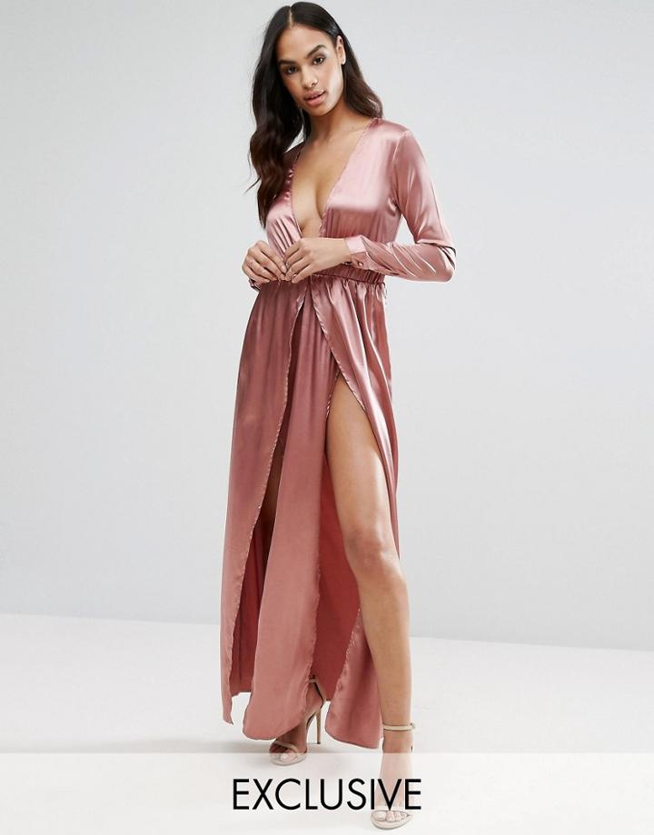 Naanaa Satin Maxi Dress With Double Splits - Brown