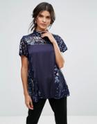 Closet Sequin High Collar Short Sleeve Blouse - Blue