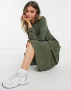 Asos Design Long Sleeve Tiered Smock Midi Dress In Khaki-green