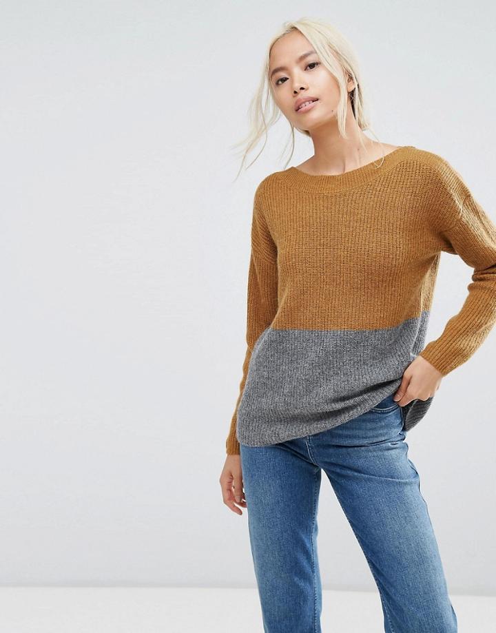 Selected Contrast Boatneck Sweater - Brown