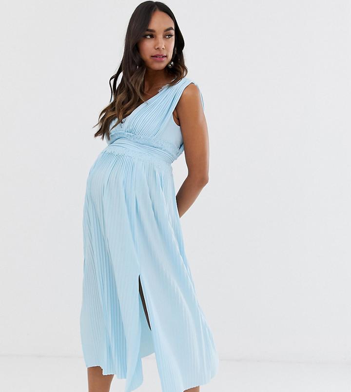 Asos Design Maternity Premium Lace Insert Pleated Midi Dress-blue