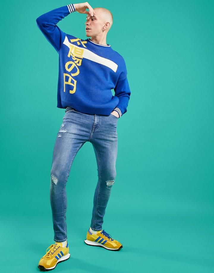 Asos Design Spray On Jeans With Power Stretch In Light Wash With Rips-blues