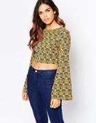 Asos 70s Geo Floral Kimono Sleeve Crop Top With Open Back And Tie - Multi