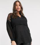 River Island Plus V-neck Lace Frill Blouse In Black