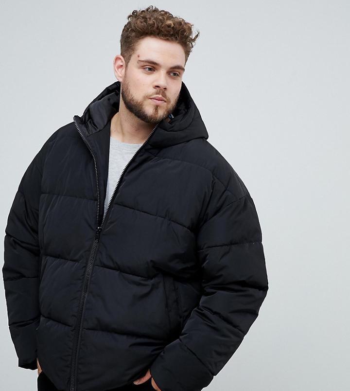 Asos Design Plus Puffer With Hood In Black - Black