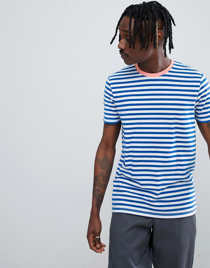 Asos Design Stripe T-shirt In Blue With Pink Contrast Neck - Blue