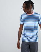 Asos Design Stripe T-shirt In Blue With Pink Contrast Neck - Blue