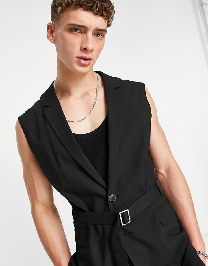 Asos Design Skinny Belted Sleeveless Blazer In Black