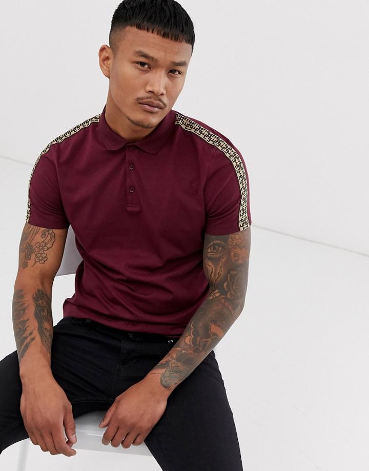 Asos Design Polo Shirt With Geo Taping In Burgundy-red