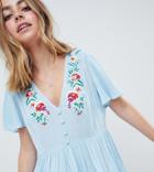 Asos Design Petite Casual Tea Dress With Floral Embroidery - Blue