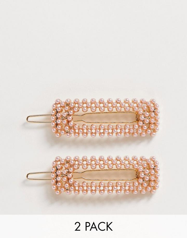 Asos Design Pack Of 2 Hair Clips In Pink Pearl-silver