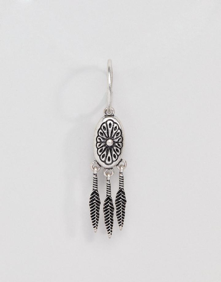 Asos Design Statement Hoop Earring With Feathers In Burnished Silver - Silver