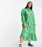 Never Fully Dressed Plus Heart Print Smock Maxi Dress In Emerald Green