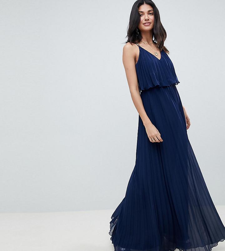 Asos Design Tall Pleated Crop Top Maxi Dress-navy