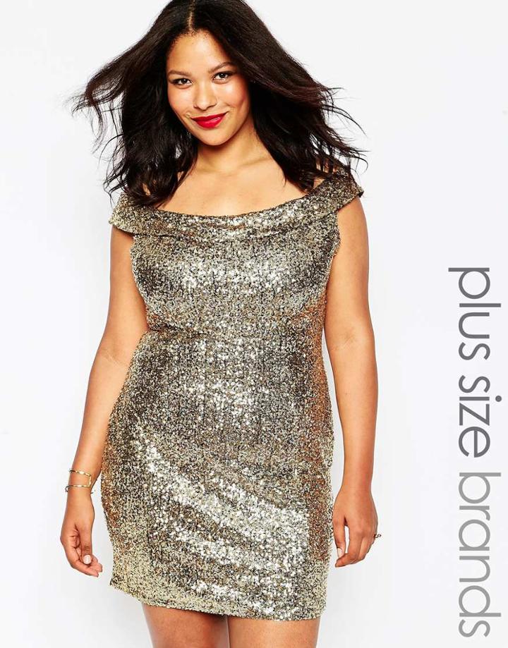 Club L Plus Size Bardot Dress In Sequins - Gold