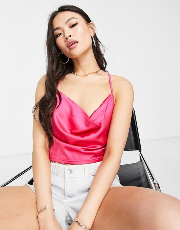 Parisian Satin Cami Strap Top With Cowl Neck In Pink