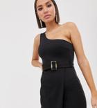 Asos Design One Shoulder Wrap Mini Dress With Tortoise Shell Belt - Black