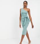 Asos Design Tall One Shoulder Side Knot Midi Dress In Sage-green