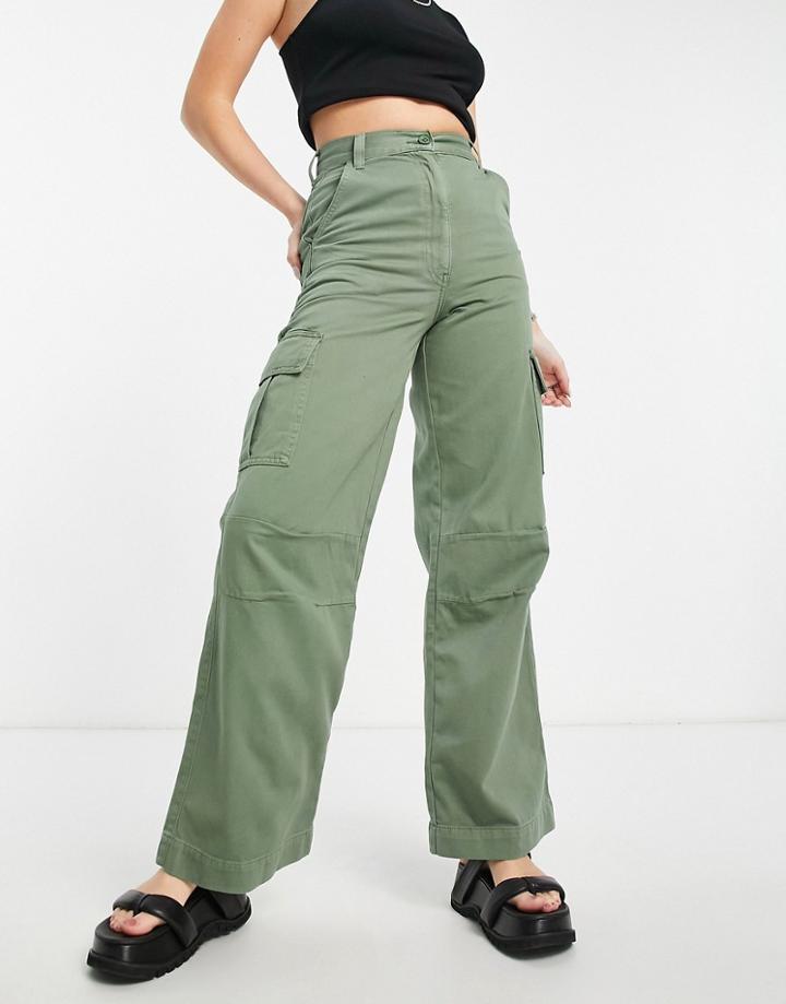 Topshop High Rise Wide Leg Utility Pants In Khaki-green