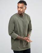 Asos Oversized Longline T-shirt In Khaki With 3/4 Sleeve And Wash - Gr