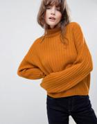 Asos Design Fluffy Sweater In Rib With Roll Neck - Stone