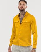 Asos Design Regular Fit Satin Shirt In Mustard-yellow