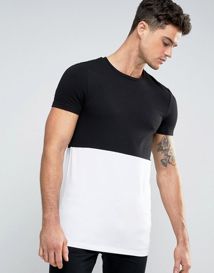 Asos Longline Muscle T-shirt With Half And Half Design In Black And Wh