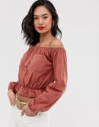 Asos Design Bardot Top With Utility Pockets - Pink