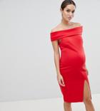 Flounce London Maternity Bardot Pencil Dress With Split - Red