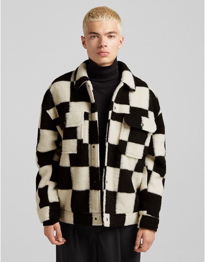 Bershka Trucker Jacket In Beige Check-neutral
