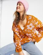 Asos Design Longline Cardi In Floral Pattern-pink