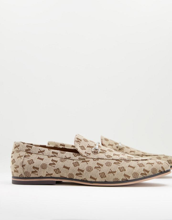 Asos Design Loafers In Brown Monogram Print With Snaffles