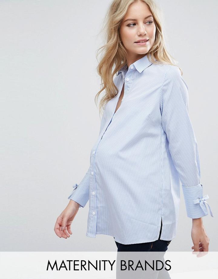 New Look Maternity Bow Cuff Stripe Shirt - Blue