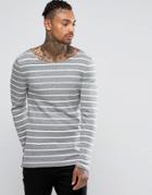 Asos Rib Stripe Extreme Muscle Long Sleeve T-shirt With Boat Neck - Gray